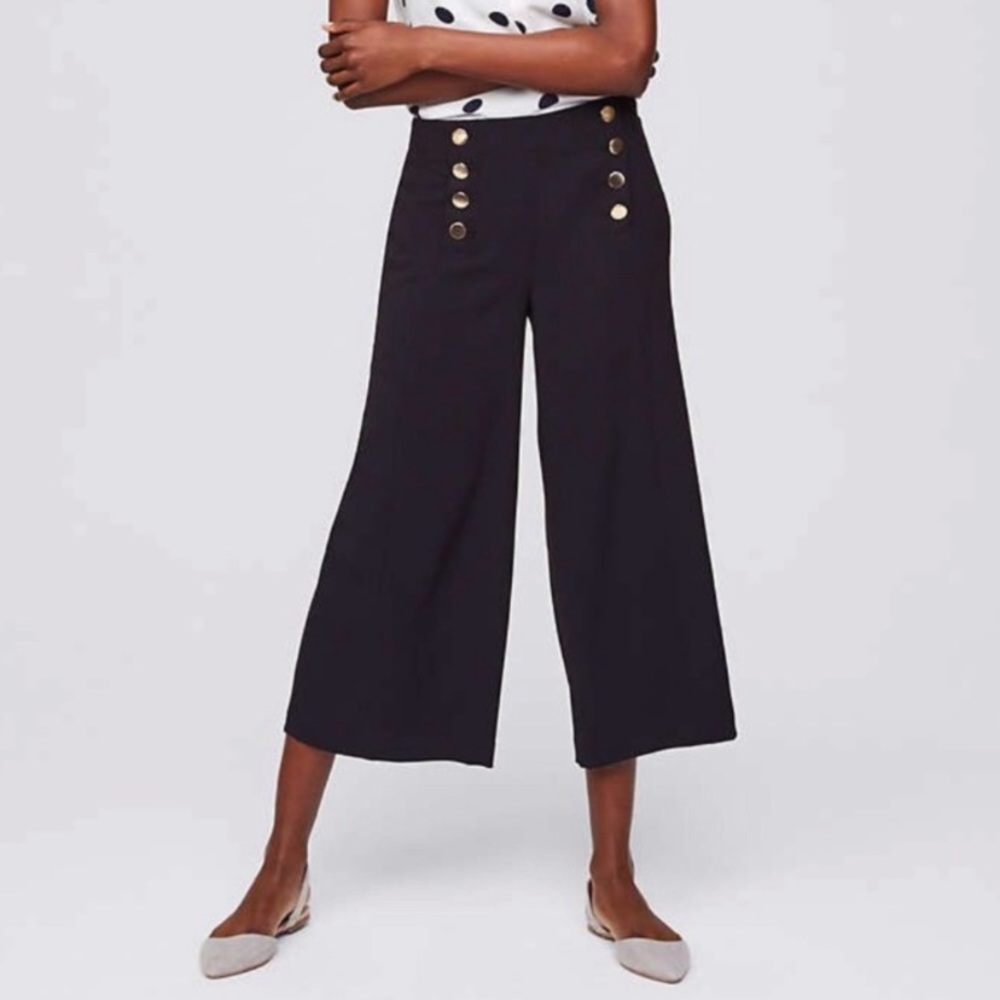 Loft Wide Leg Sailor Cropped Black Pants Size 12